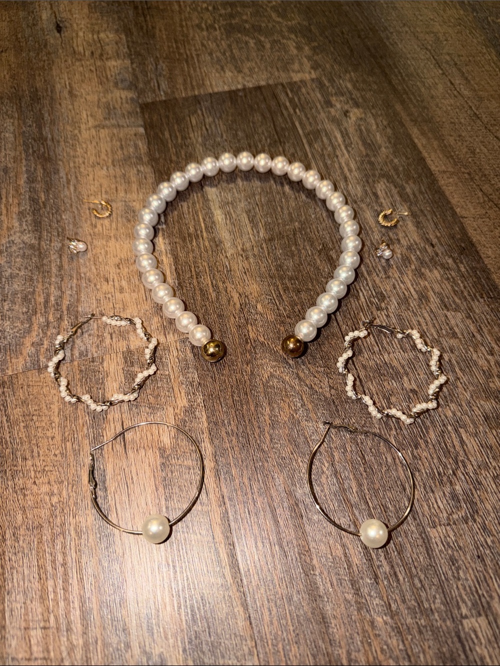4 set of Earring + Glass Pearl Open Choker Headband with Gold End Caps Bundle